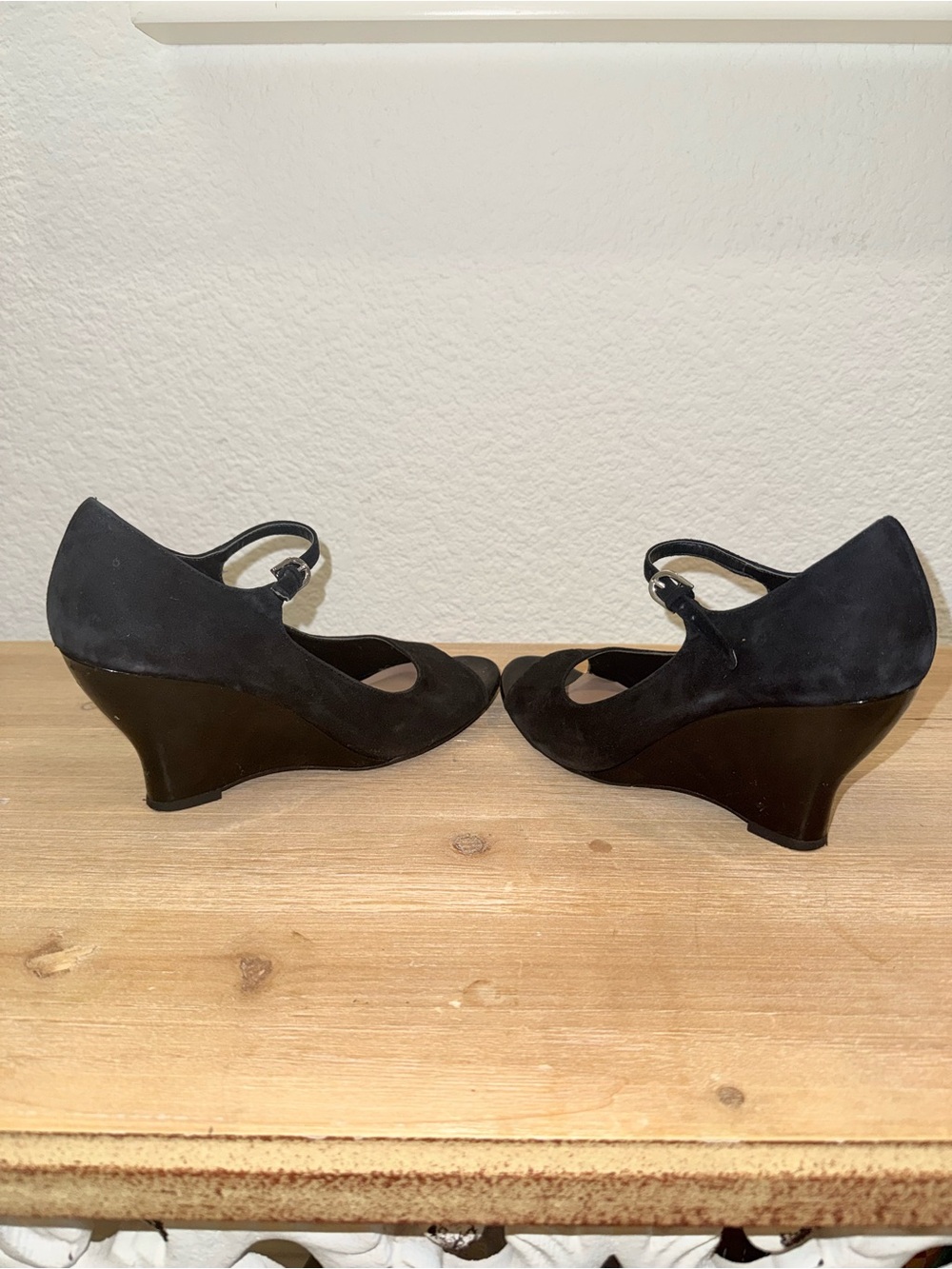 Franco Sarto Black Suede Peep-Toe Wedge Pumps with Mary Jane Strap, Size US 7M - Picture 2 of 6